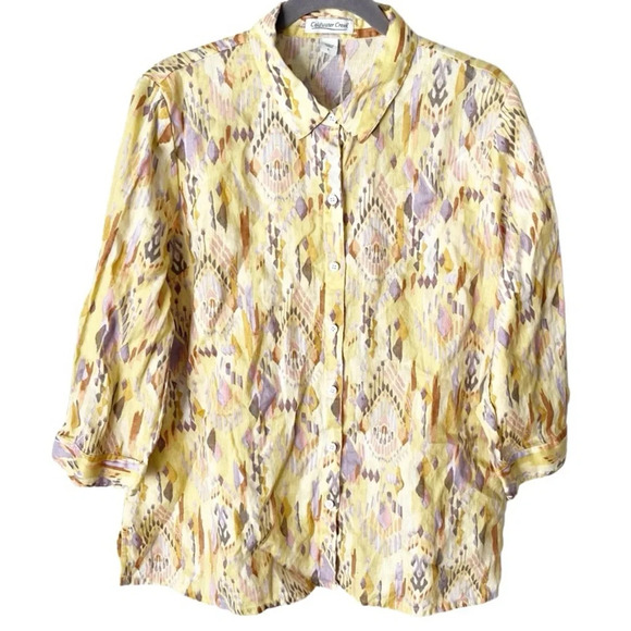 Coldwater Creek Button Down Women's Large 100% Linen Geometric Western Aztec - Picture 1 of 8